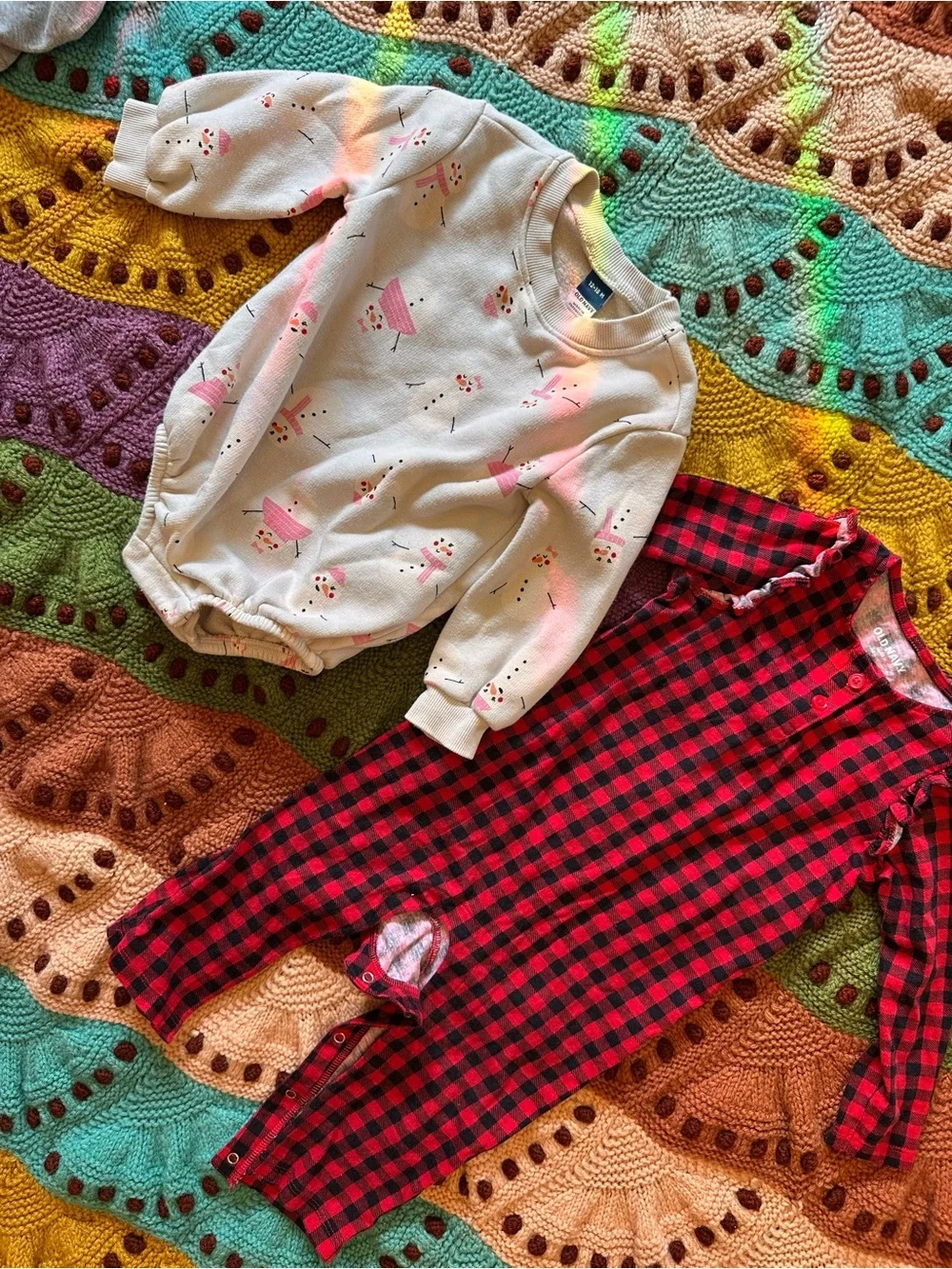 Old Navy Christmas Sets—Red Buffalo Plaid & Pink Snowman 12-18 Months